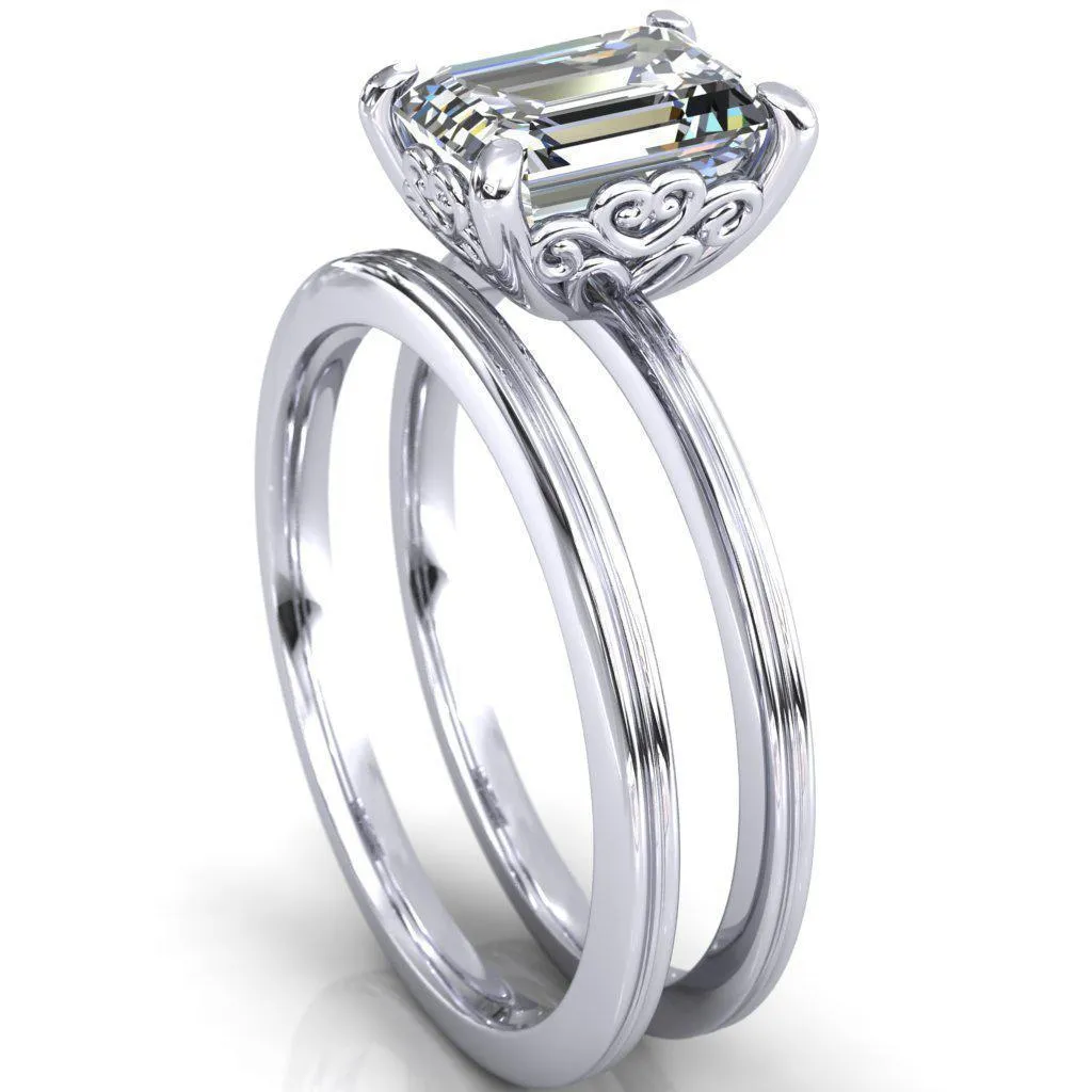 Violette Emerald Center Stone Mustache Heart Scrolls Engagement Ring