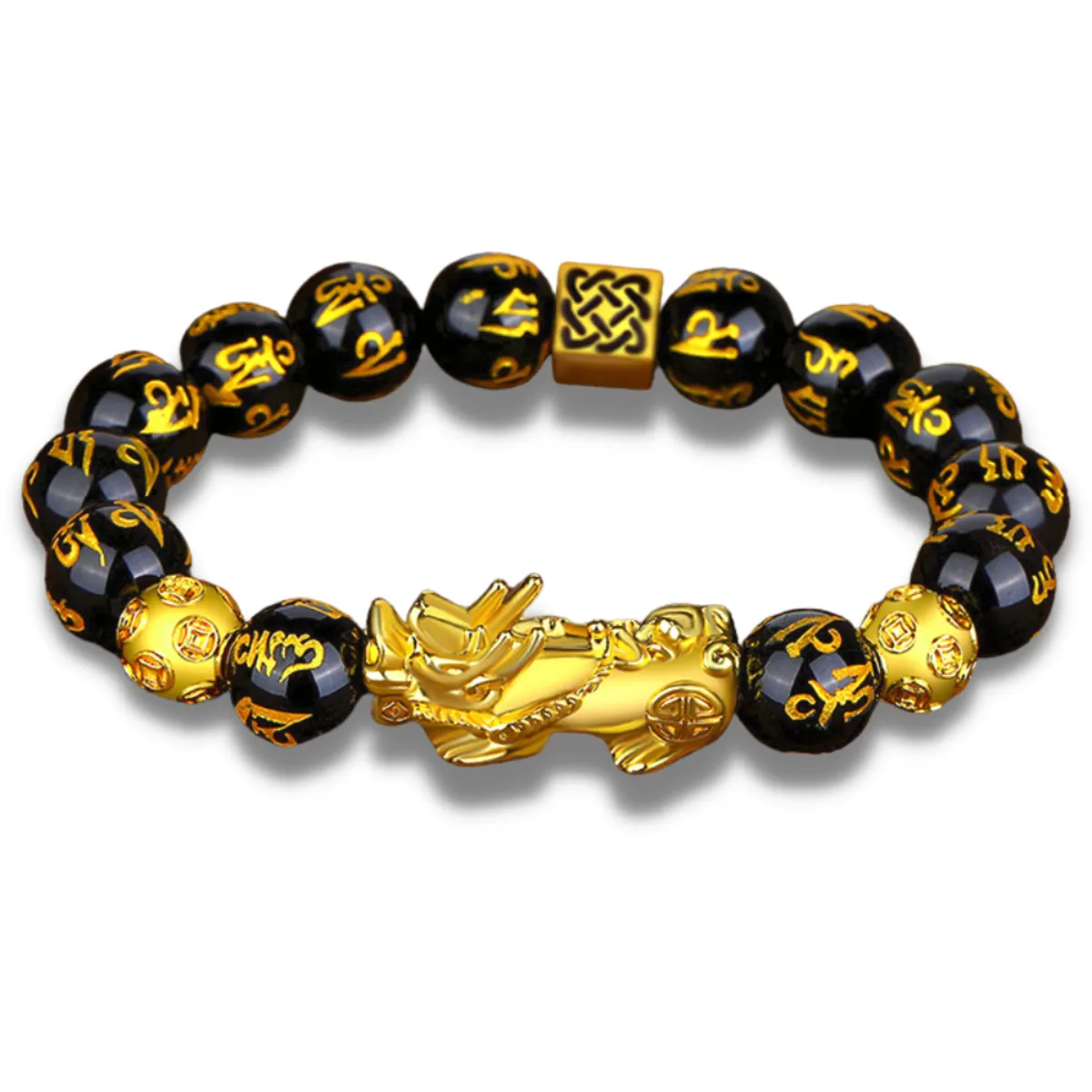 Wealth and Luck Black Buddhism Six Words Obsidian Pixiu Bracelet 12mm