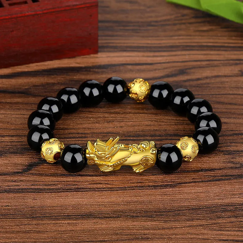 Wealth and Luck Black Buddhism Six Words Obsidian Pixiu Bracelet 12mm