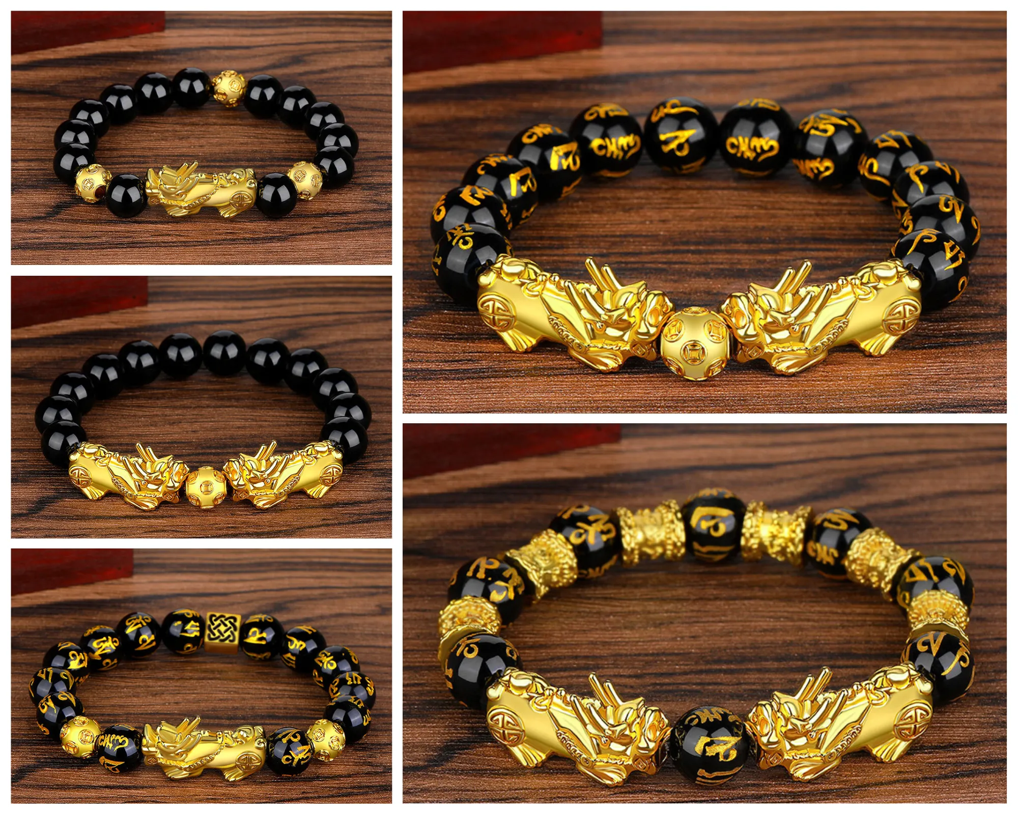 Wealth and Luck Black Buddhism Six Words Obsidian Pixiu Bracelet 12mm