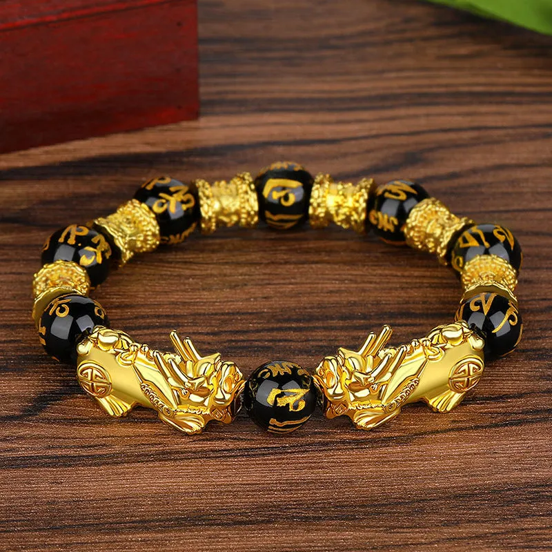 Wealth and Luck Black Buddhism Six Words Obsidian Pixiu Bracelet 12mm