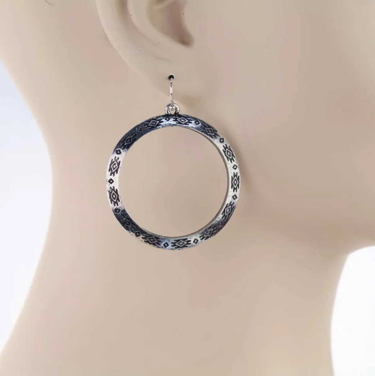 Western Aztec Print Hoops Silver