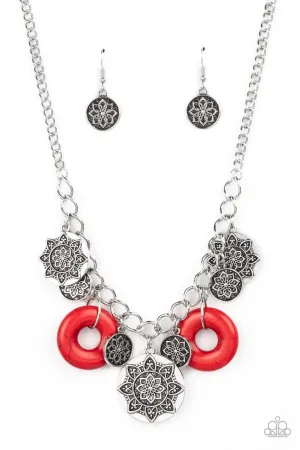 Western Zen - Red - Stone and Silver Mandala Disc Paparazzi Short Necklace