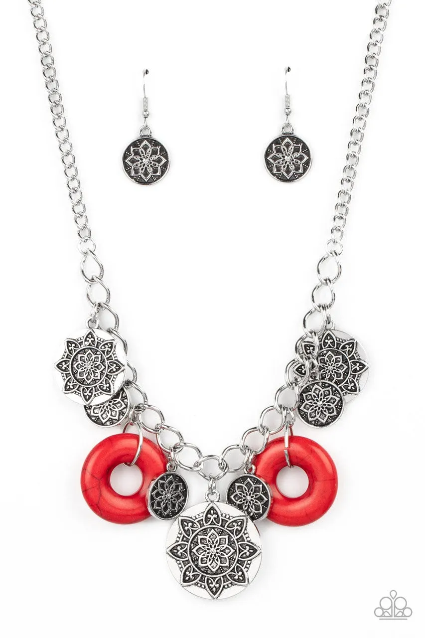 Western Zen - Red - Stone and Silver Mandala Disc Paparazzi Short Necklace