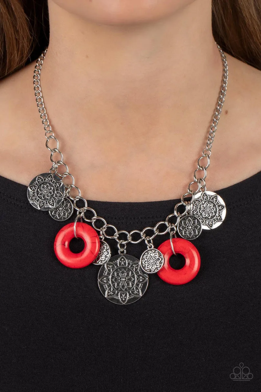 Western Zen - Red - Stone and Silver Mandala Disc Paparazzi Short Necklace