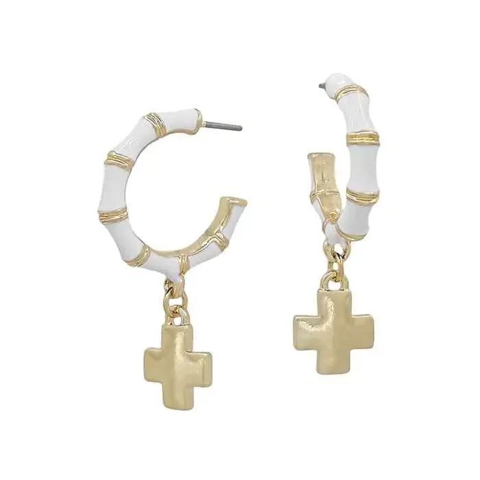 White Hoop with Gold Cross Earrings