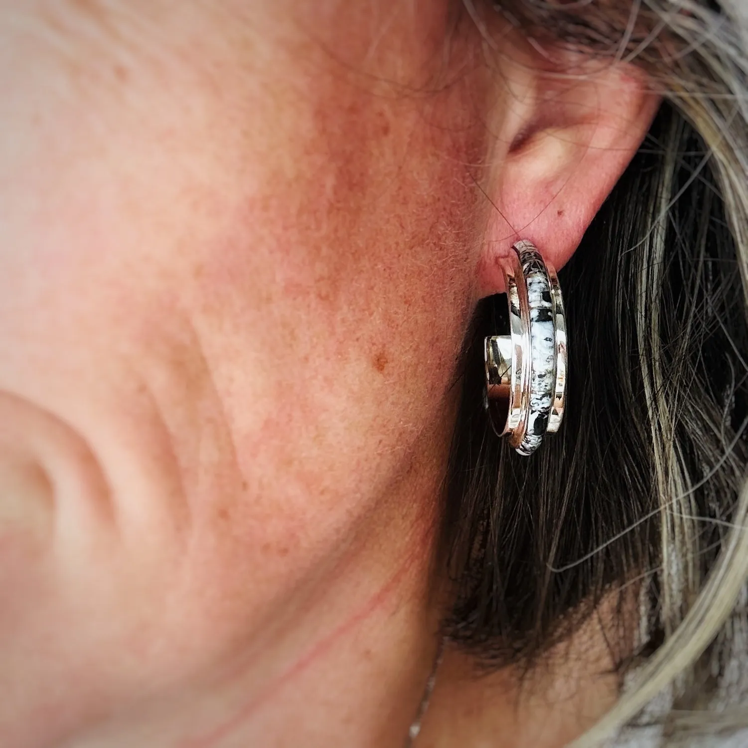 Wide White Buffalo Hoop Earrings with Inlay