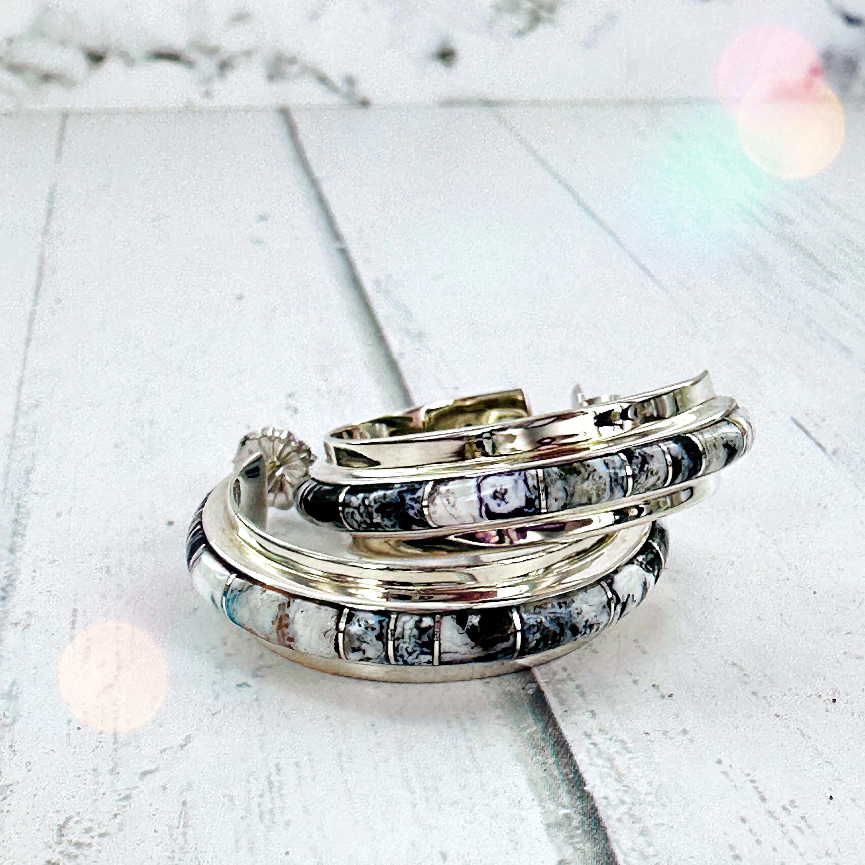 Wide White Buffalo Hoop Earrings with Inlay