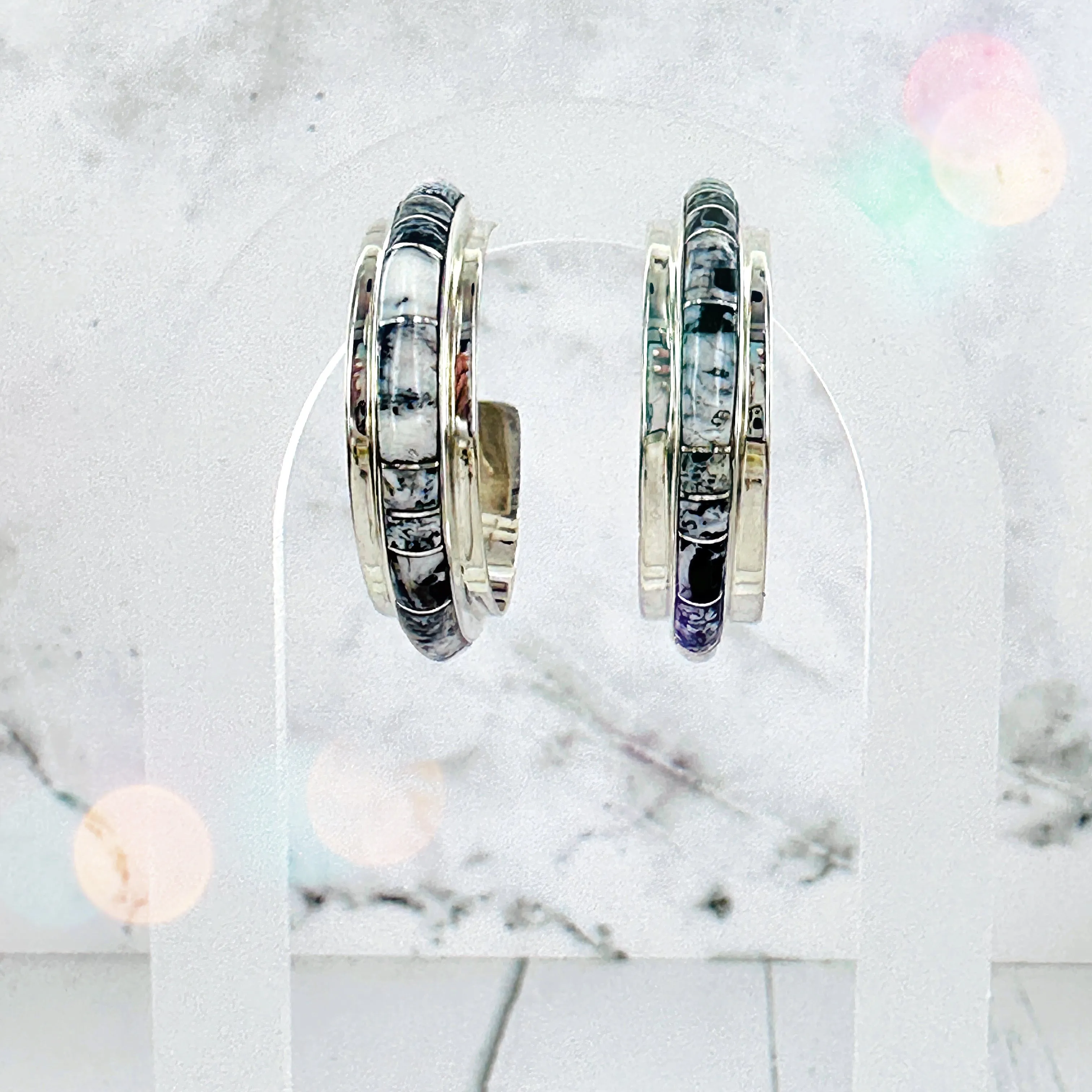 Wide White Buffalo Hoop Earrings with Inlay