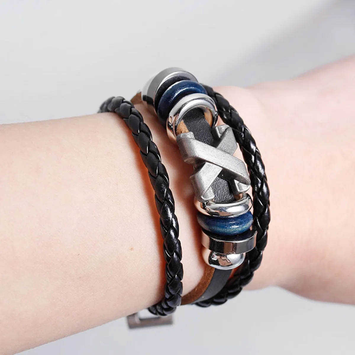 Women and Men's Real Leather Multilayer Bracelets Black Cord Metal Multicolor X Shape Beads