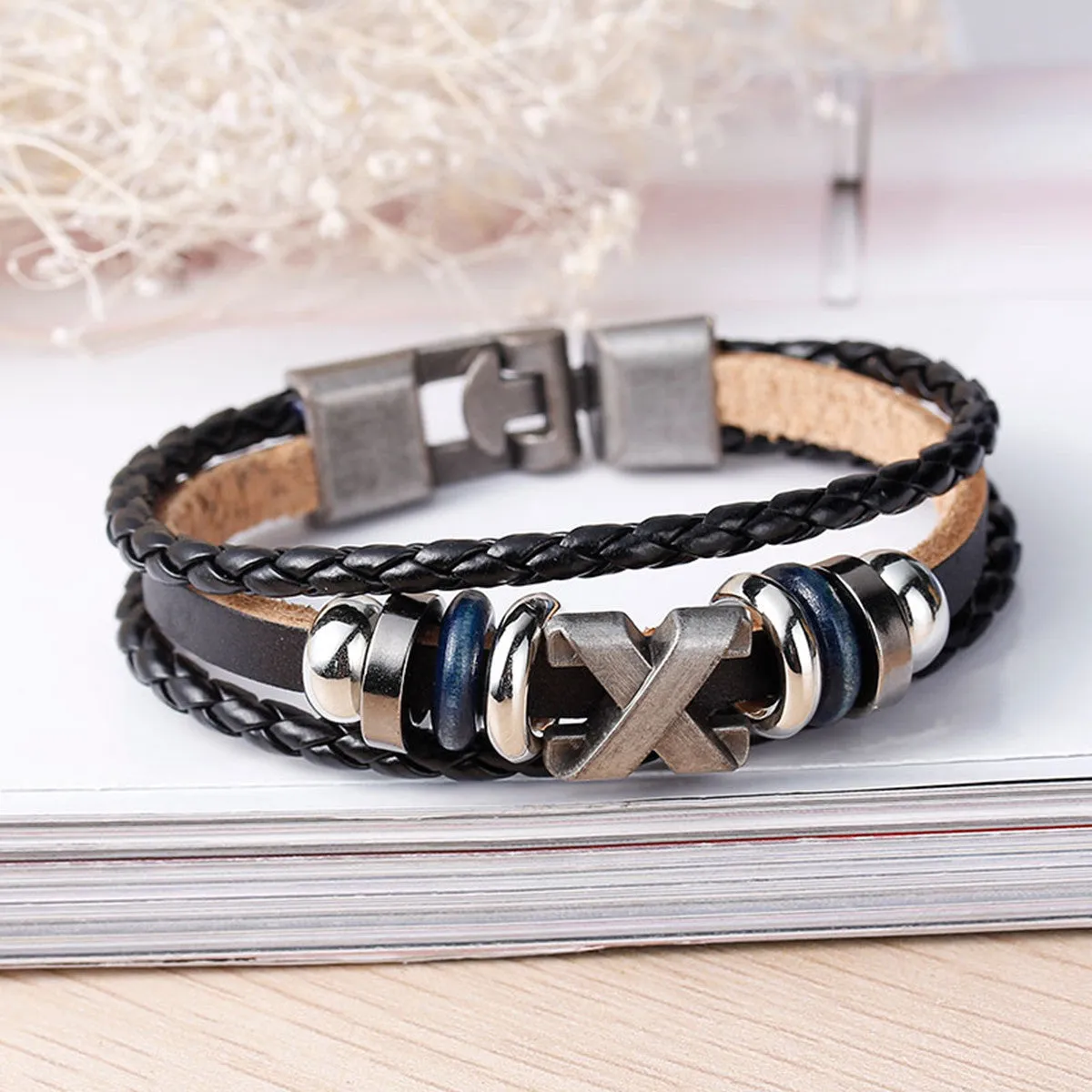 Women and Men's Real Leather Multilayer Bracelets Black Cord Metal Multicolor X Shape Beads