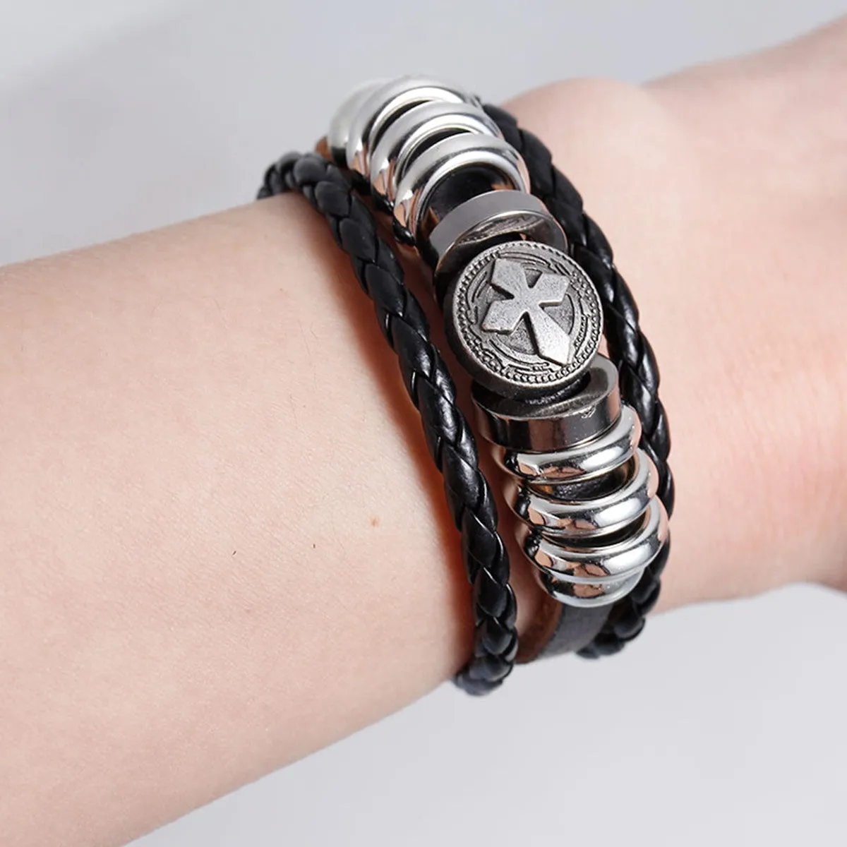 Womens and Men's Real Leather Multilayer Bracelets Black Cord Metal Gunmetal Cross Beads With Clasp Hook