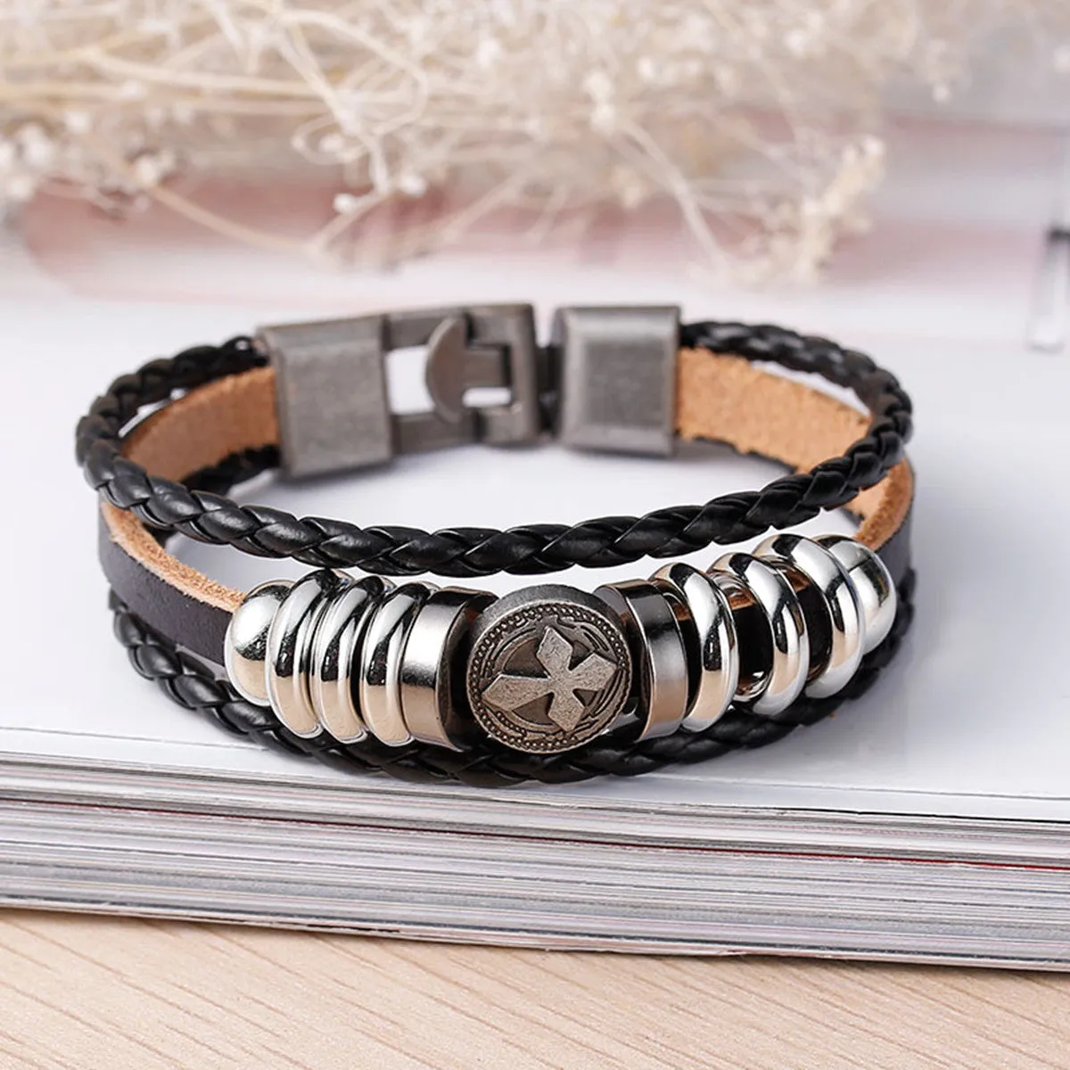 Womens and Men's Real Leather Multilayer Bracelets Black Cord Metal Gunmetal Cross Beads With Clasp Hook