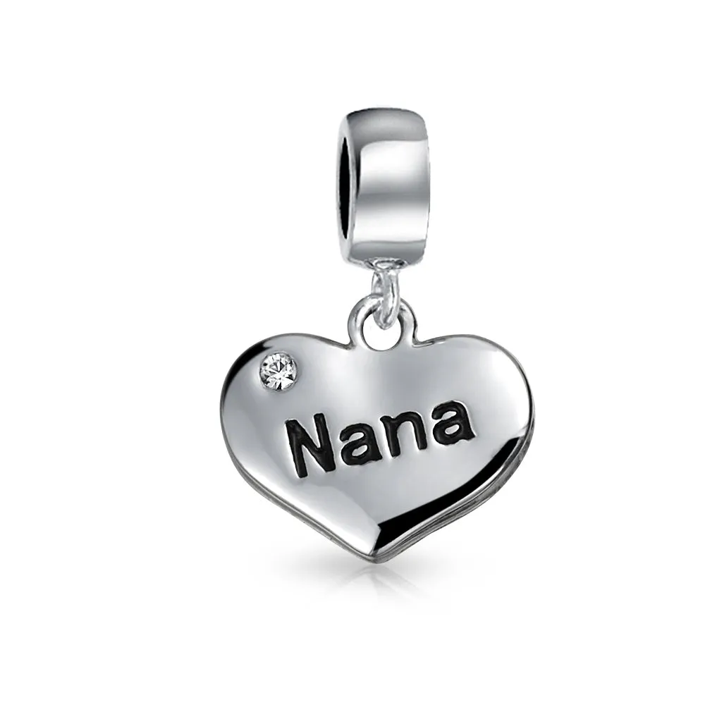 Word Nana Heart Dangle Charm Bead for Grandmother Crystal Silver Fit Bracelet