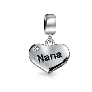 Word Nana Heart Dangle Charm Bead for Grandmother Crystal Silver Fit Bracelet