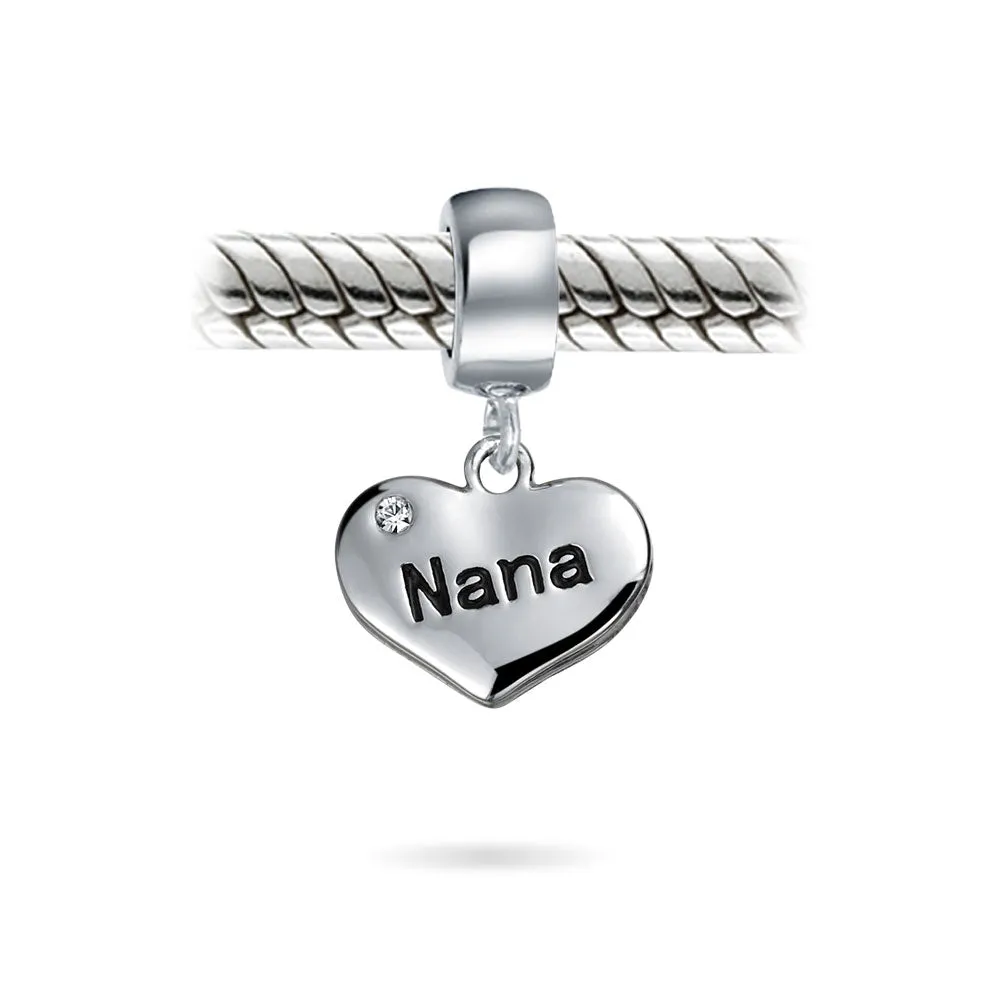 Word Nana Heart Dangle Charm Bead for Grandmother Crystal Silver Fit Bracelet