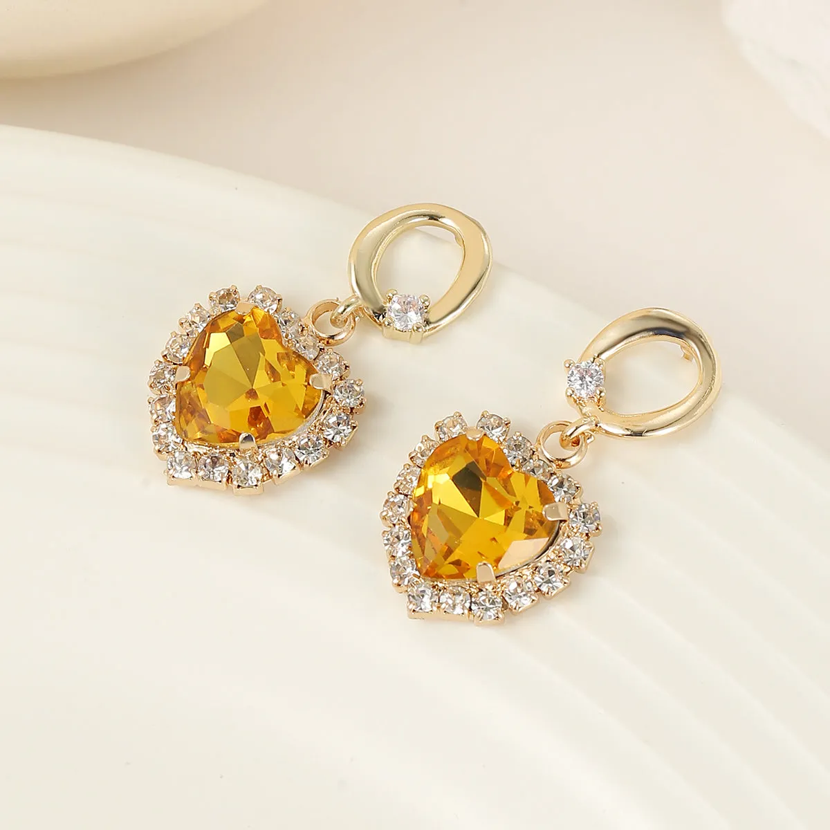 Yellow Crystal & 18K Gold-Plated Halo Heart Huggie Drop Earrings