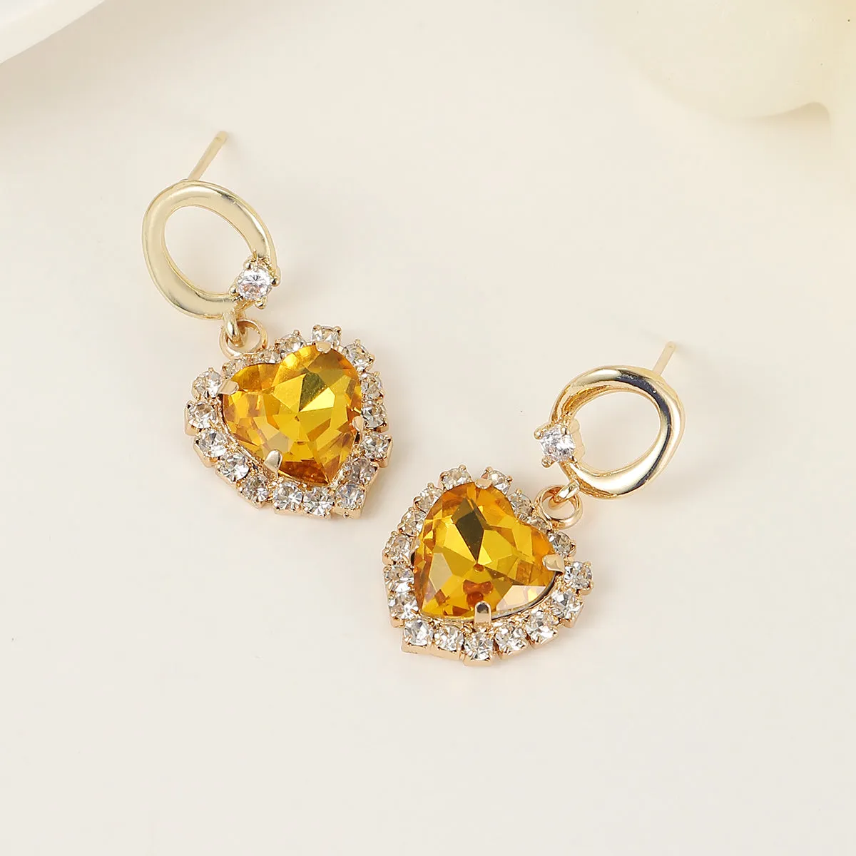 Yellow Crystal & 18K Gold-Plated Halo Heart Huggie Drop Earrings