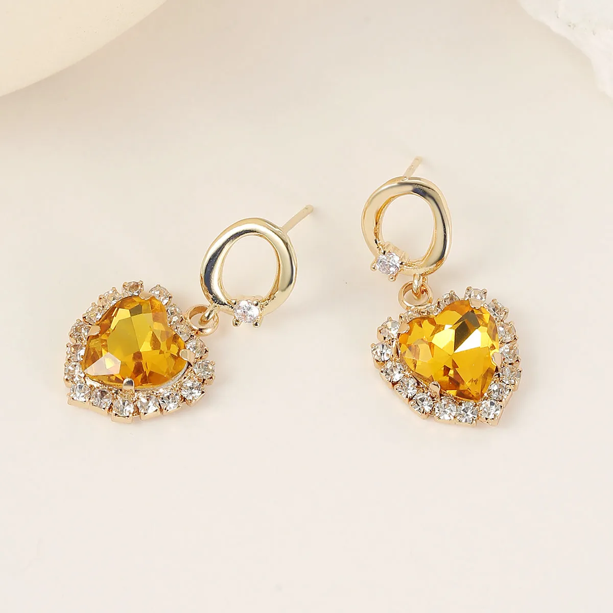 Yellow Crystal & 18K Gold-Plated Halo Heart Huggie Drop Earrings