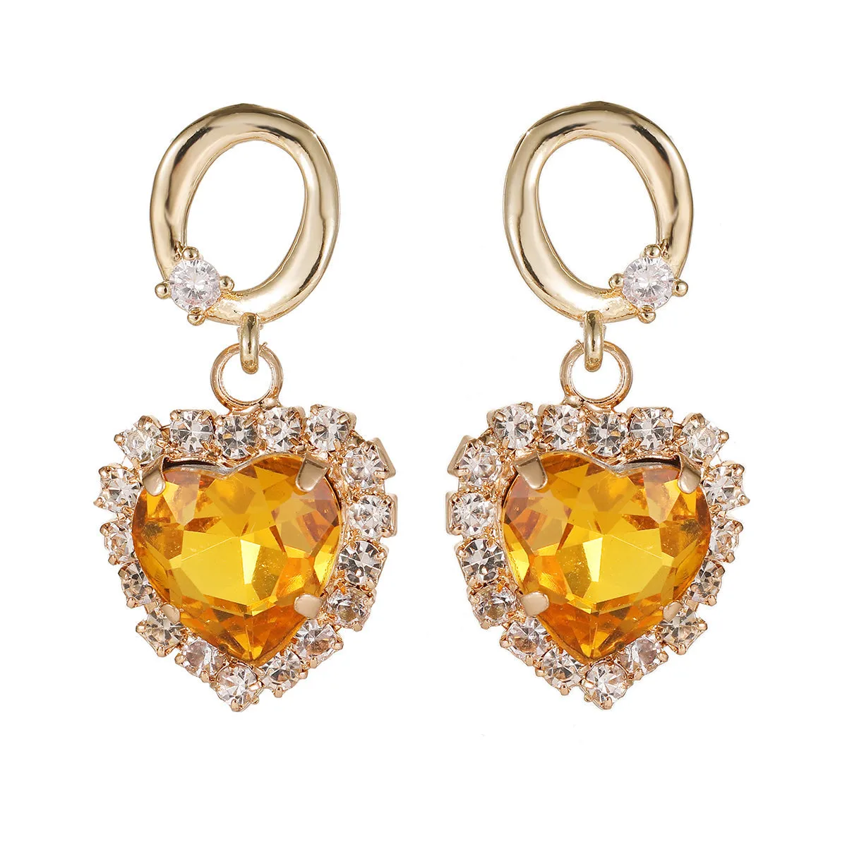 Yellow Crystal & 18K Gold-Plated Halo Heart Huggie Drop Earrings