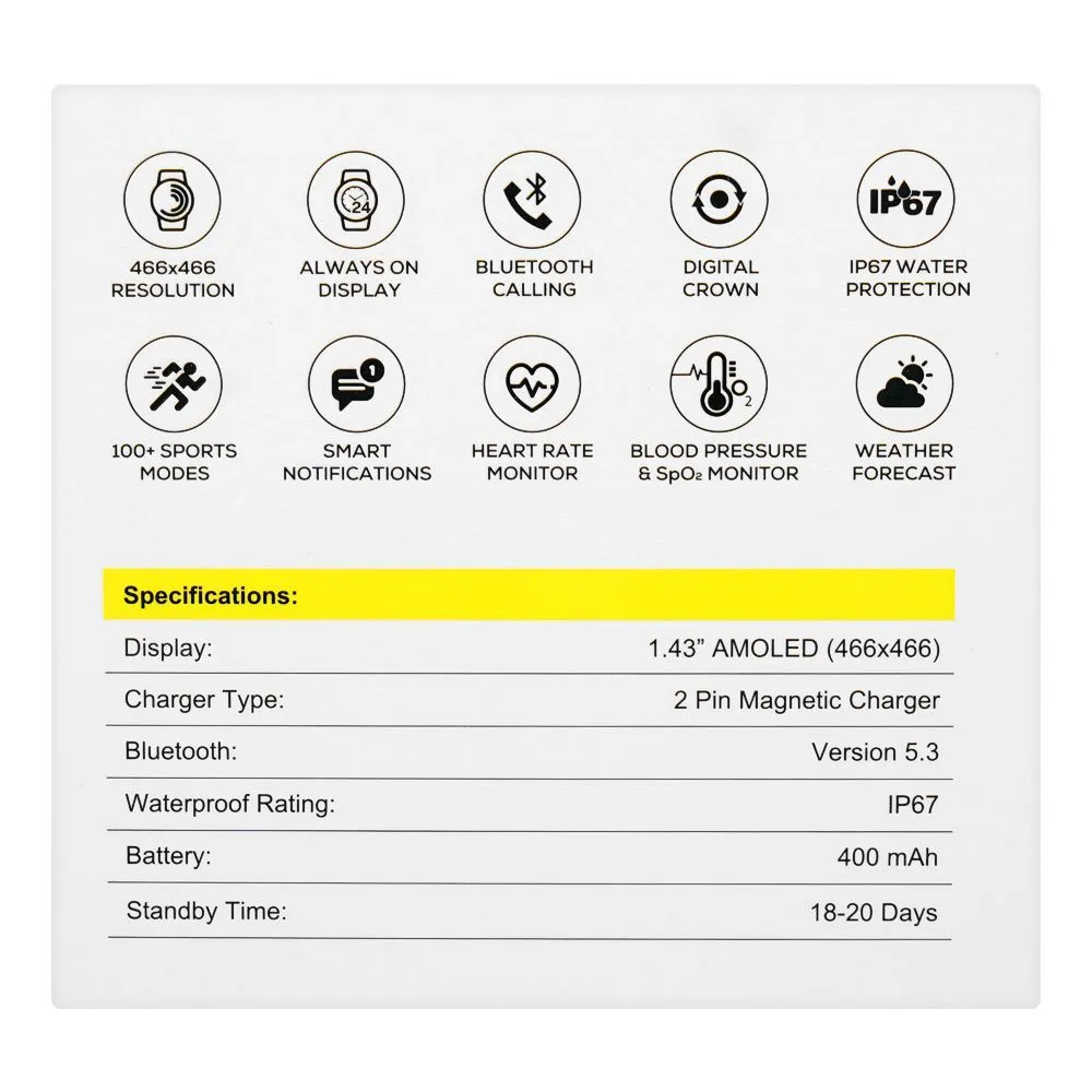 Yolo 1.43" Amoled Display Tag Smart Watch, IP67 Water Resistance, Silver