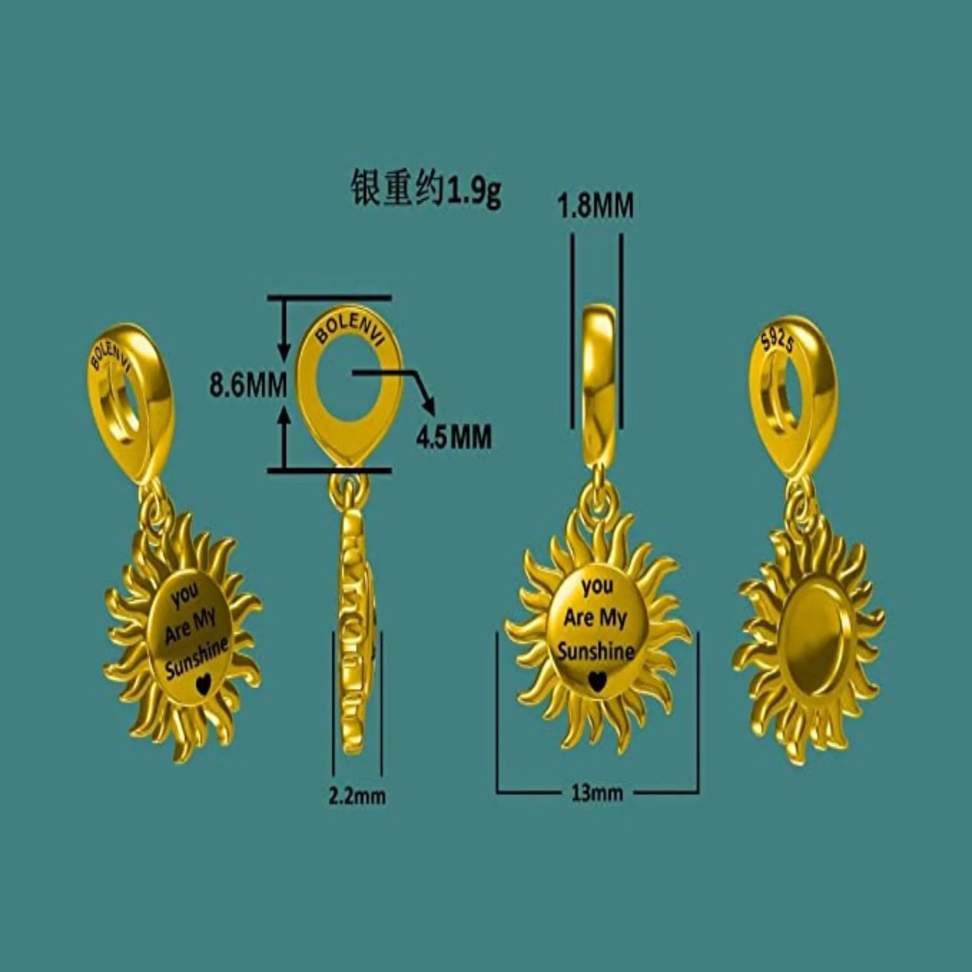 You Are My Sunshine Gold Sun Dangle Pendant Charm