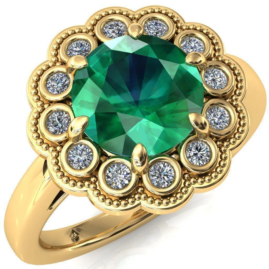 Zinnia Round Emerald 6 Prongs Milgrain Halo Accent Diamonds Ring