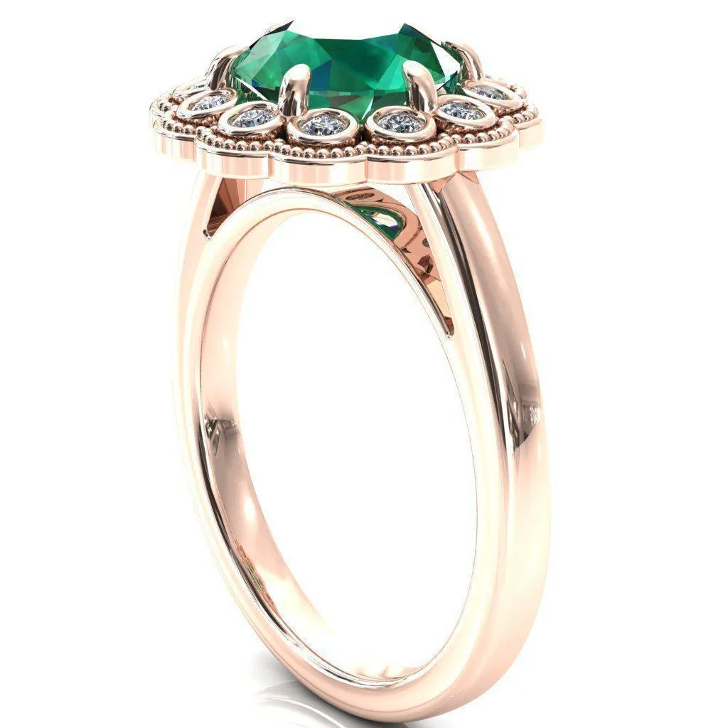 Zinnia Round Emerald 6 Prongs Milgrain Halo Accent Diamonds Ring