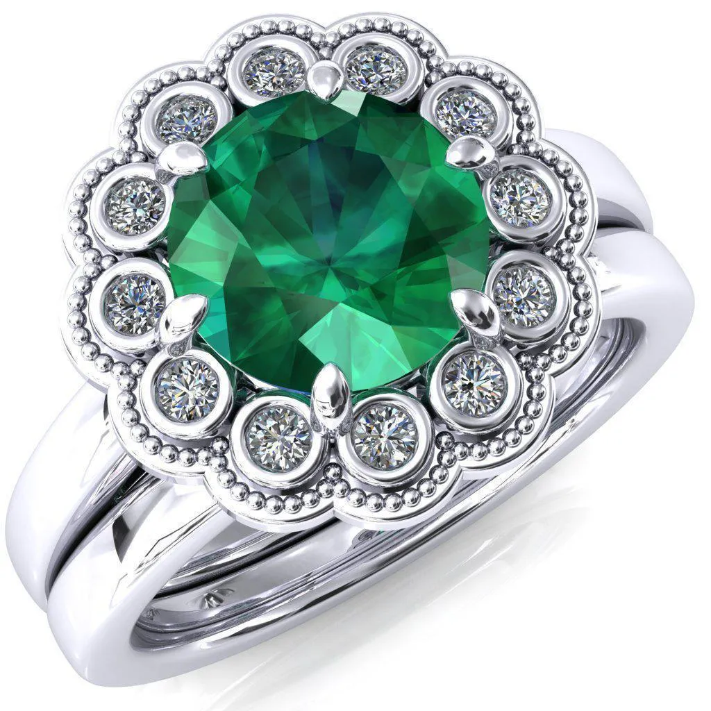 Zinnia Round Emerald 6 Prongs Milgrain Halo Accent Diamonds Ring