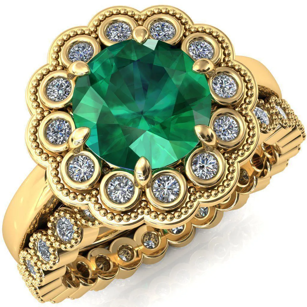 Zinnia Round Emerald 6 Prongs Milgrain Halo Accent Diamonds Ring