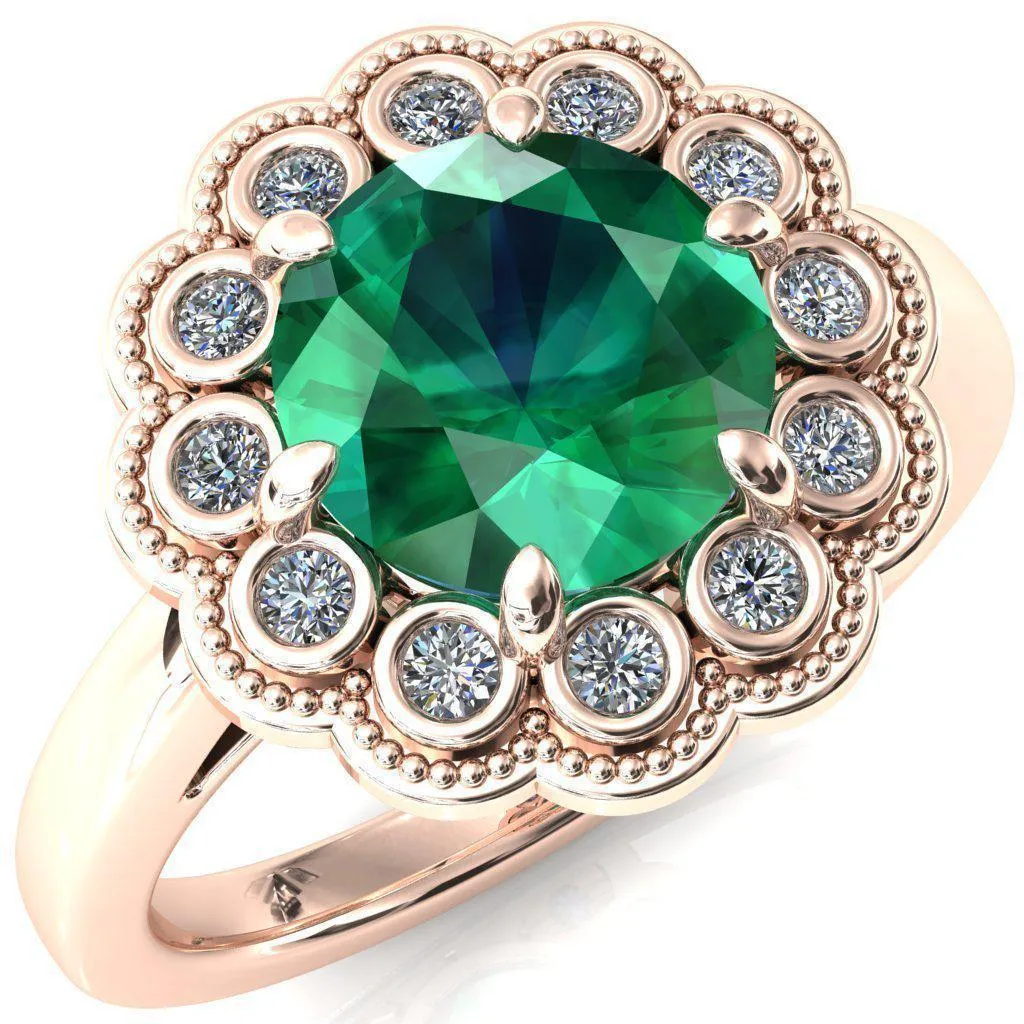 Zinnia Round Emerald 6 Prongs Milgrain Halo Accent Diamonds Ring