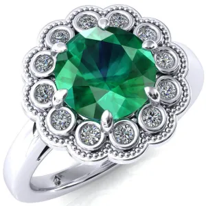 Zinnia Round Emerald 6 Prongs Milgrain Halo Accent Diamonds Ring
