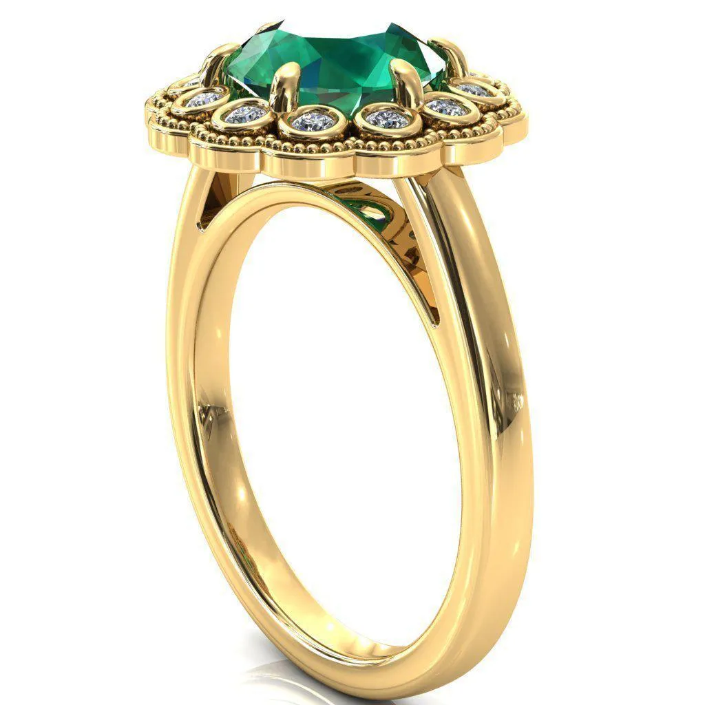 Zinnia Round Emerald 6 Prongs Milgrain Halo Accent Diamonds Ring