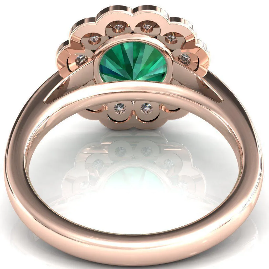 Zinnia Round Emerald 6 Prongs Milgrain Halo Accent Diamonds Ring