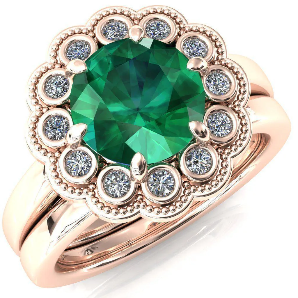 Zinnia Round Emerald 6 Prongs Milgrain Halo Accent Diamonds Ring