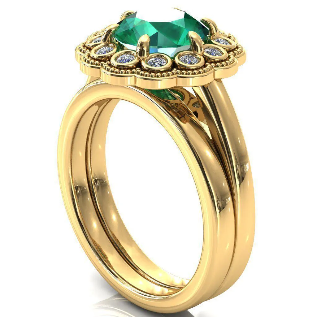 Zinnia Round Emerald 6 Prongs Milgrain Halo Accent Diamonds Ring