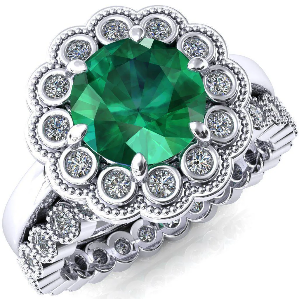 Zinnia Round Emerald 6 Prongs Milgrain Halo Accent Diamonds Ring
