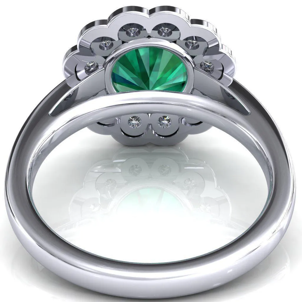 Zinnia Round Emerald 6 Prongs Milgrain Halo Accent Diamonds Ring