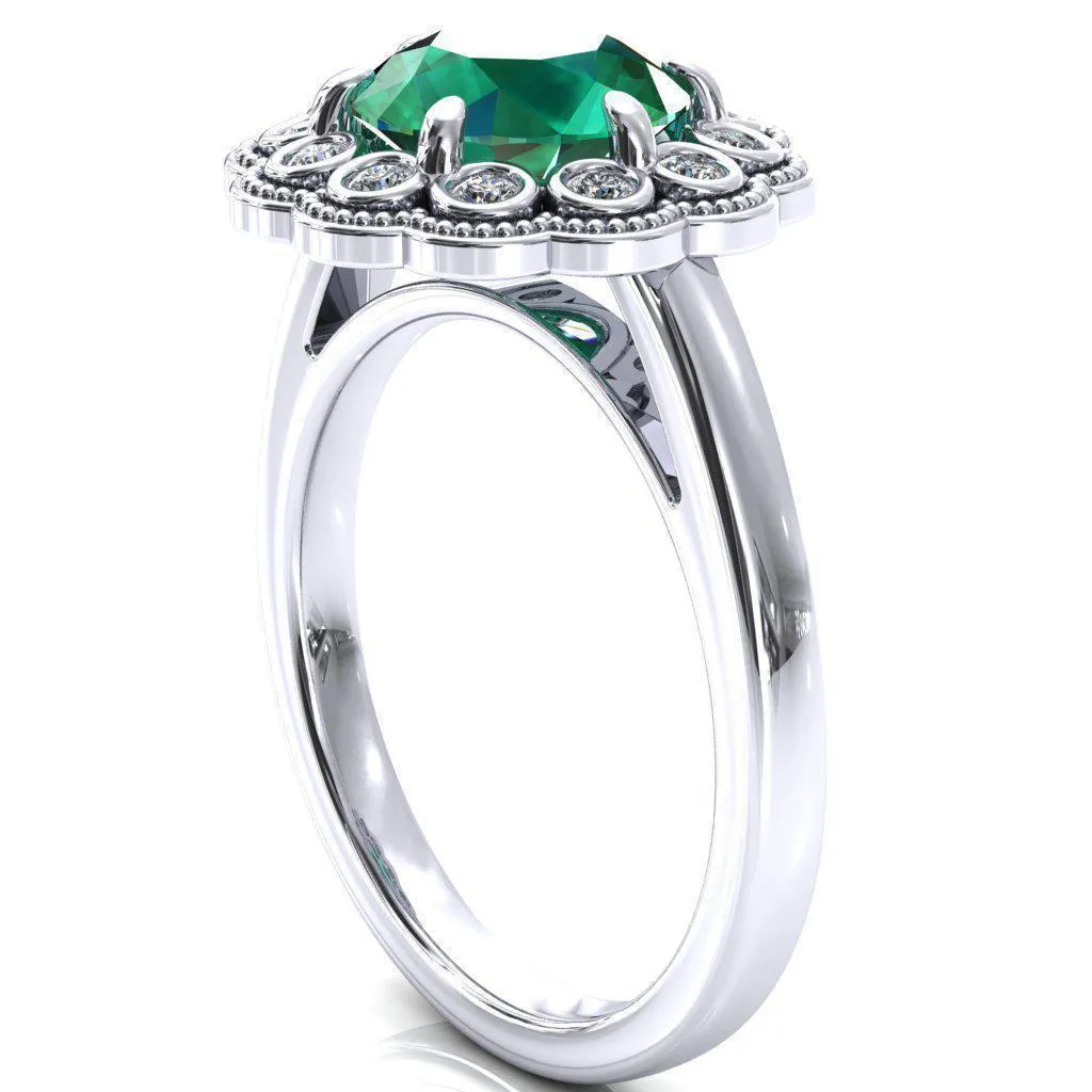 Zinnia Round Emerald 6 Prongs Milgrain Halo Accent Diamonds Ring