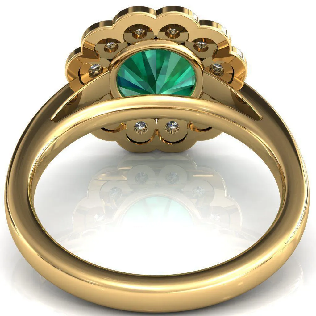 Zinnia Round Emerald 6 Prongs Milgrain Halo Accent Diamonds Ring