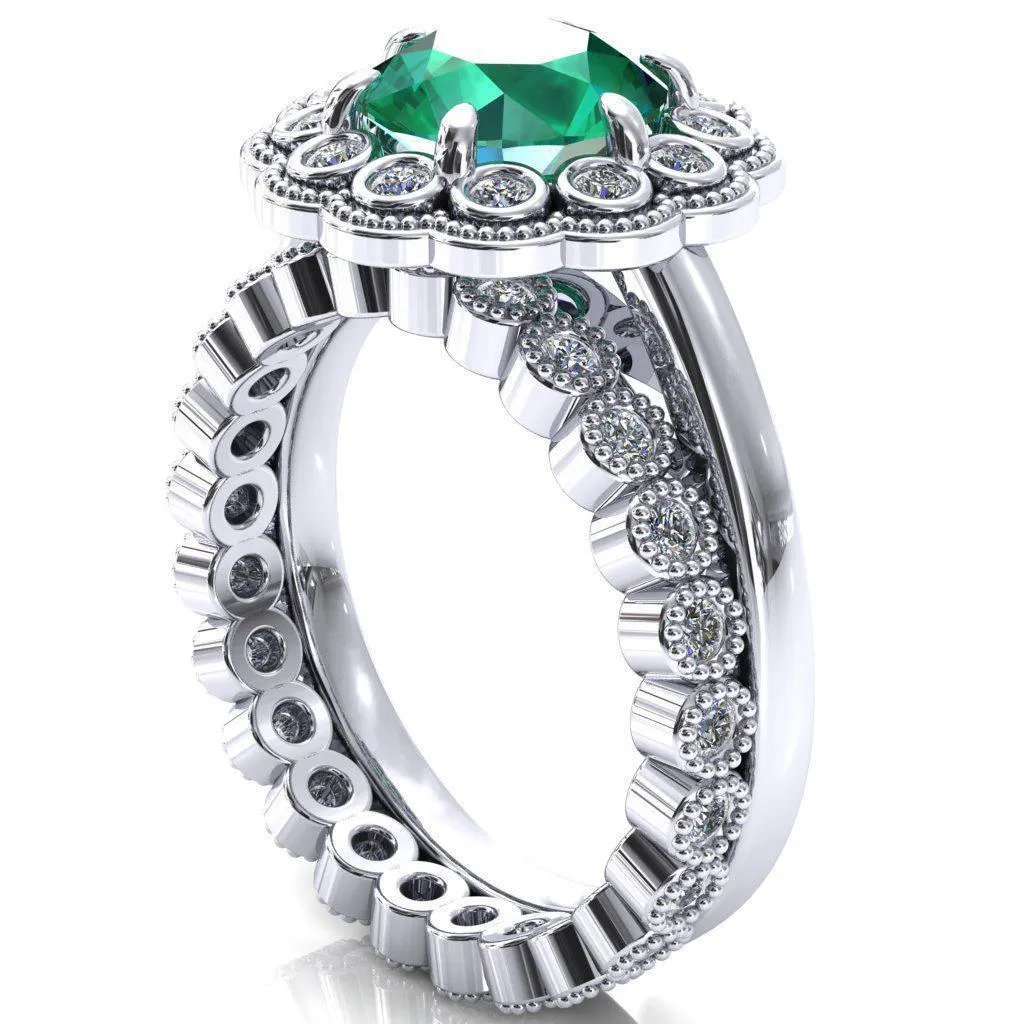 Zinnia Round Emerald 6 Prongs Milgrain Halo Accent Diamonds Ring