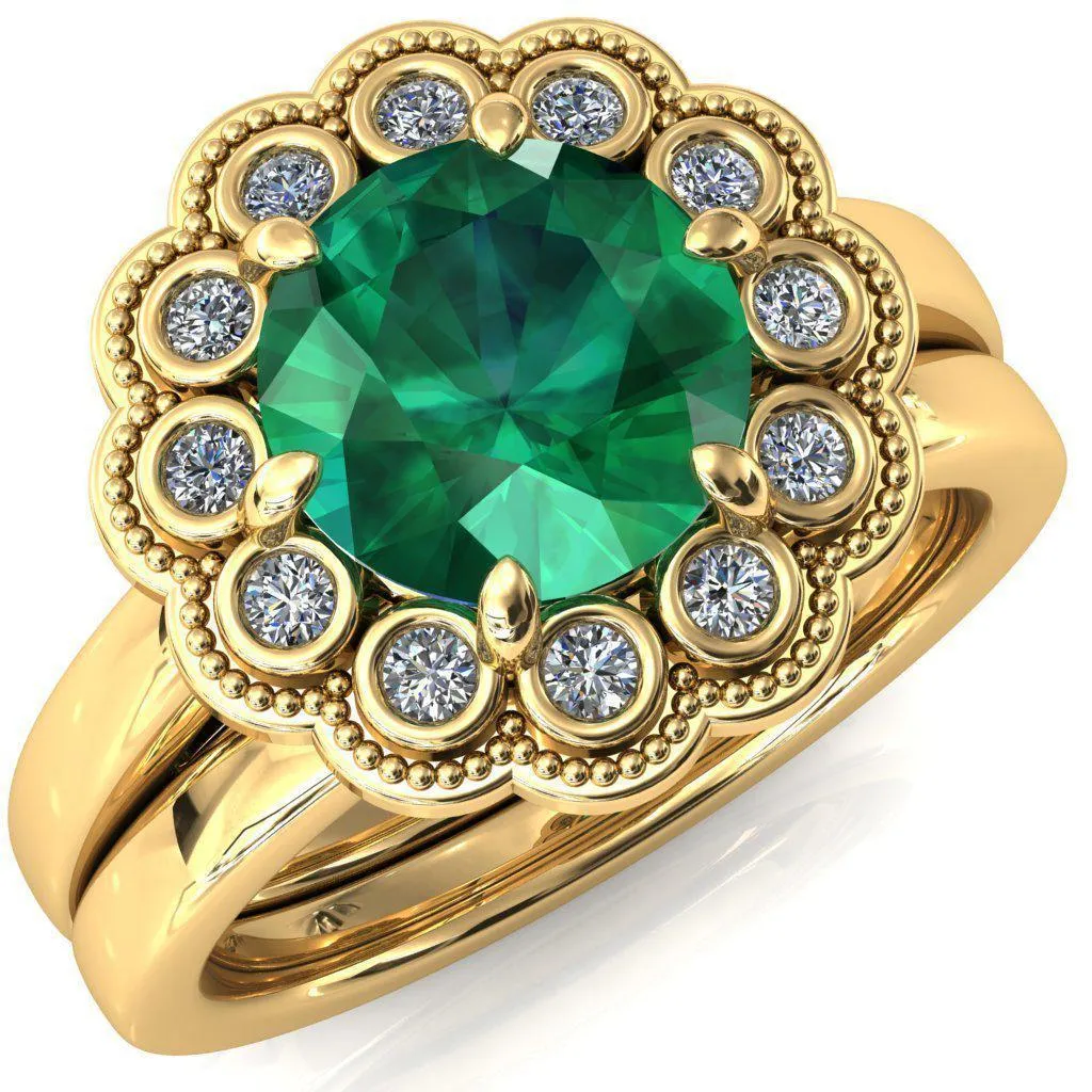 Zinnia Round Emerald 6 Prongs Milgrain Halo Accent Diamonds Ring