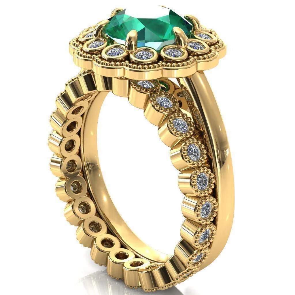 Zinnia Round Emerald 6 Prongs Milgrain Halo Accent Diamonds Ring