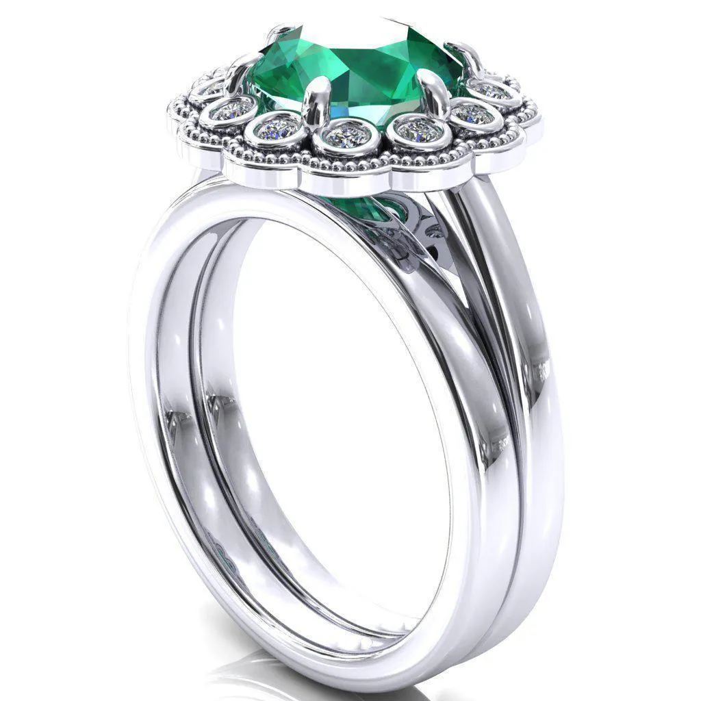 Zinnia Round Emerald 6 Prongs Milgrain Halo Accent Diamonds Ring