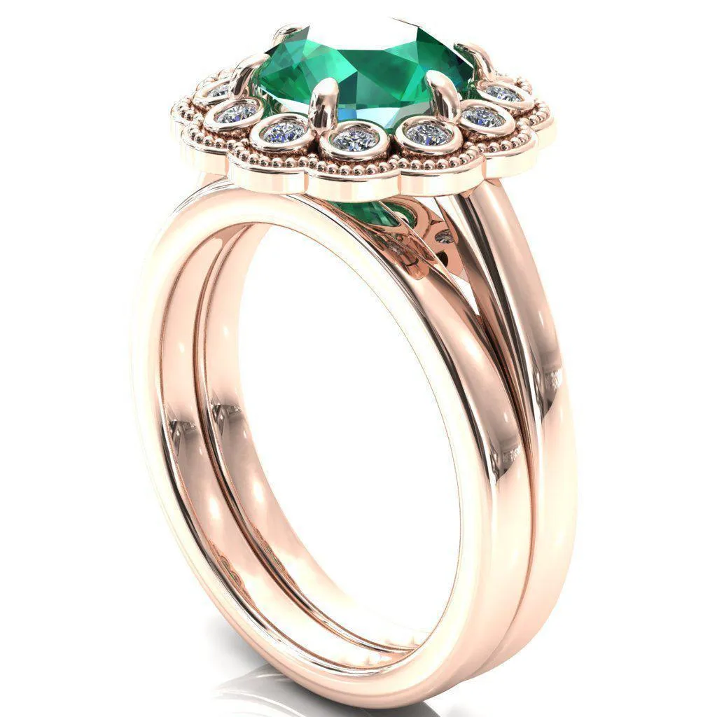 Zinnia Round Emerald 6 Prongs Milgrain Halo Accent Diamonds Ring