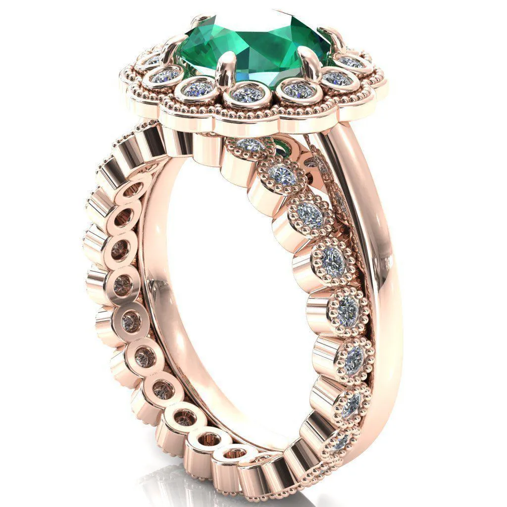 Zinnia Round Emerald 6 Prongs Milgrain Halo Accent Diamonds Ring