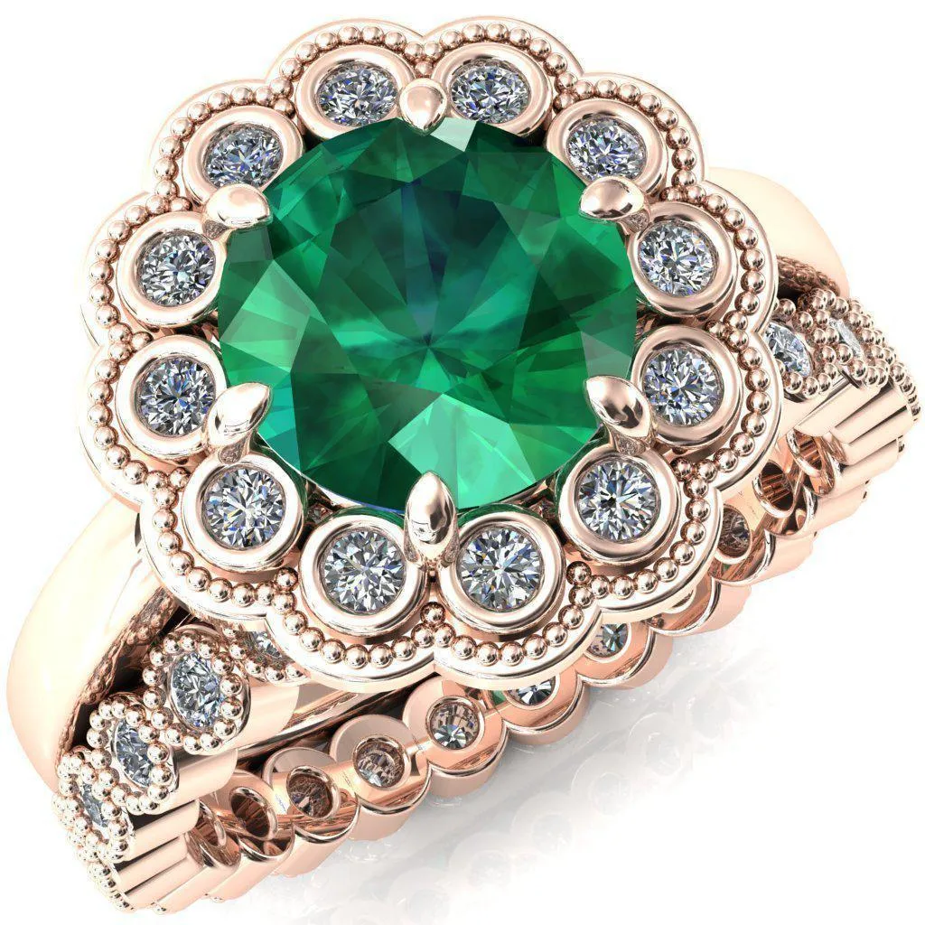 Zinnia Round Emerald 6 Prongs Milgrain Halo Accent Diamonds Ring