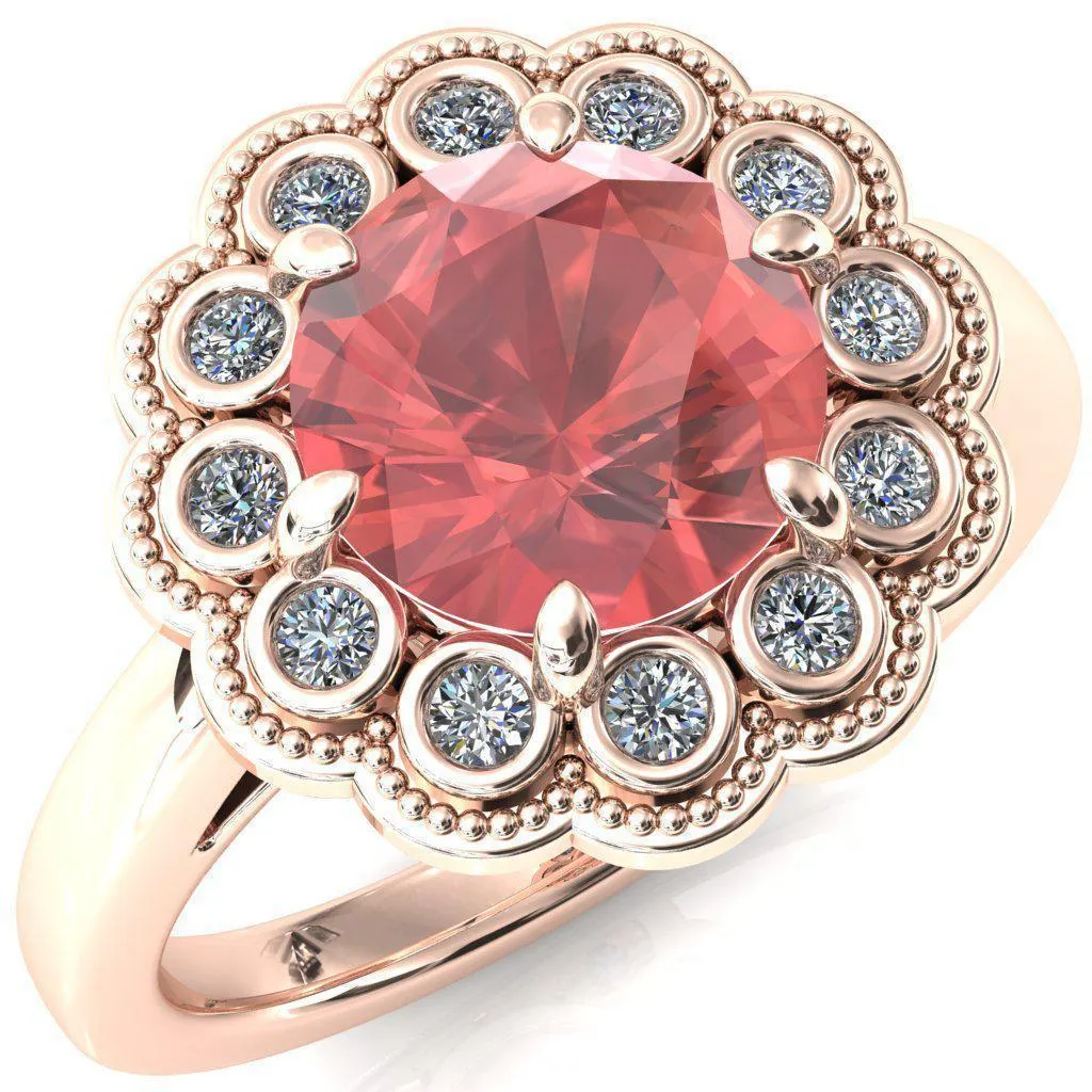 Zinnia Round Padparadscha Sapphire 6 Prongs Milgrain Halo Accent Diamonds Ring
