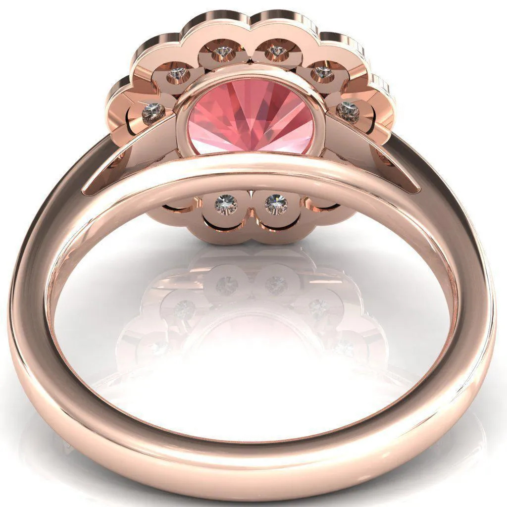 Zinnia Round Padparadscha Sapphire 6 Prongs Milgrain Halo Accent Diamonds Ring
