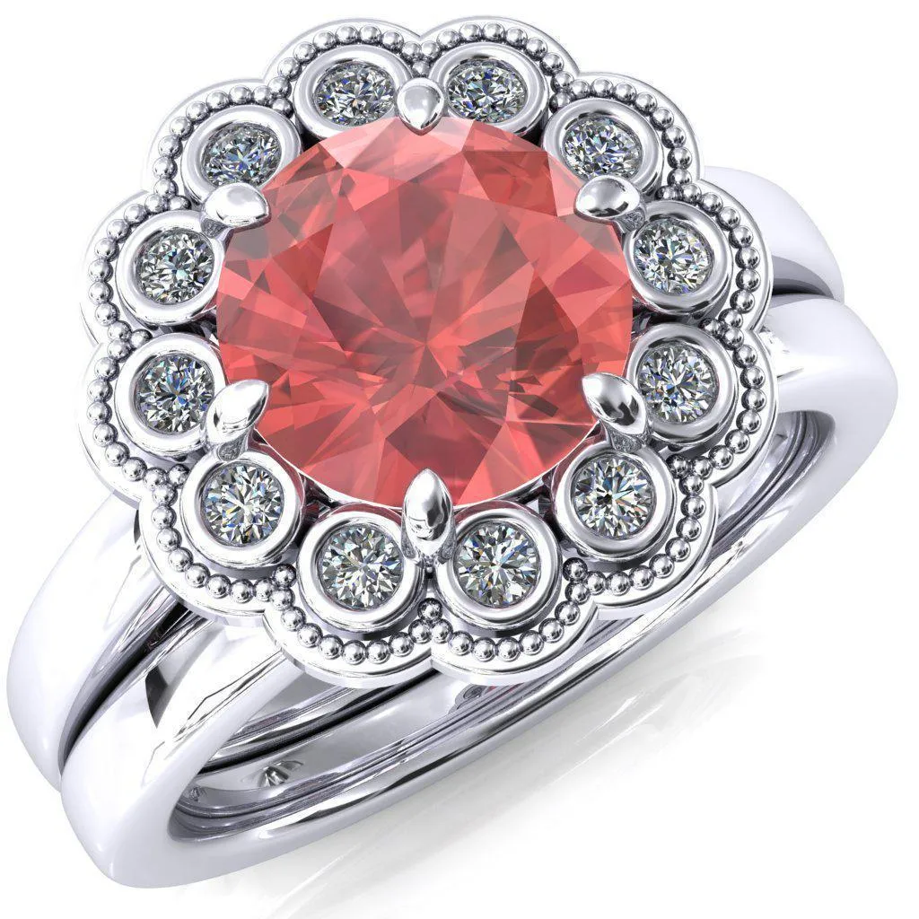 Zinnia Round Padparadscha Sapphire 6 Prongs Milgrain Halo Accent Diamonds Ring